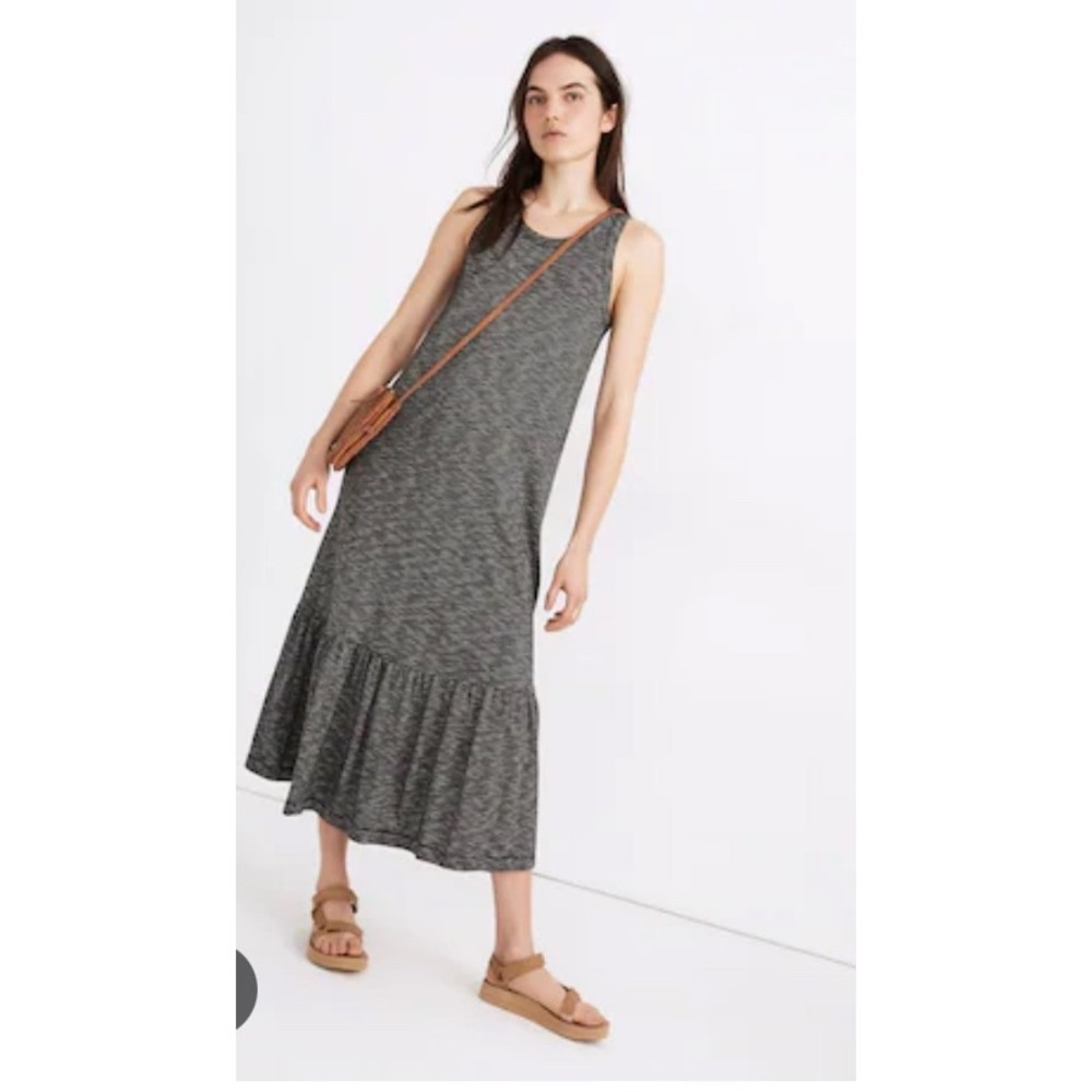 Madewell Black White Stripe Knit Midi Dress Ruffle Hem Sleeveless S